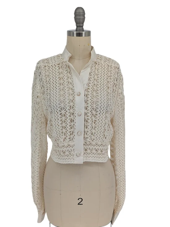 00626 Women's Crochet Pearl Button Front Top Cream size Small western bohemian - Picture 1 of 8
